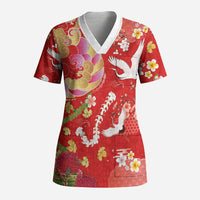 Hawaiian and Japanese Culture Together Scrub Top Kakau Tribal Pattern and Irezumi Art Red Color