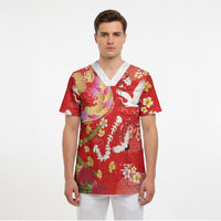 Hawaiian and Japanese Culture Together Scrub Top Kakau Tribal Pattern and Irezumi Art Red Color
