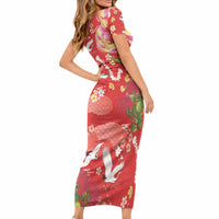 Hawaiian and Japanese Culture Together Short Sleeve Bodycon Dress Kakau Tribal Pattern and Irezumi Art Red Color