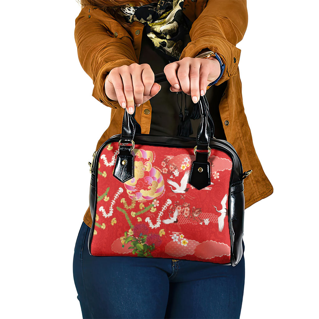 Hawaiian and Japanese Culture Together Shoulder Handbag Kakau Tribal Pattern and Irezumi Art Red Color