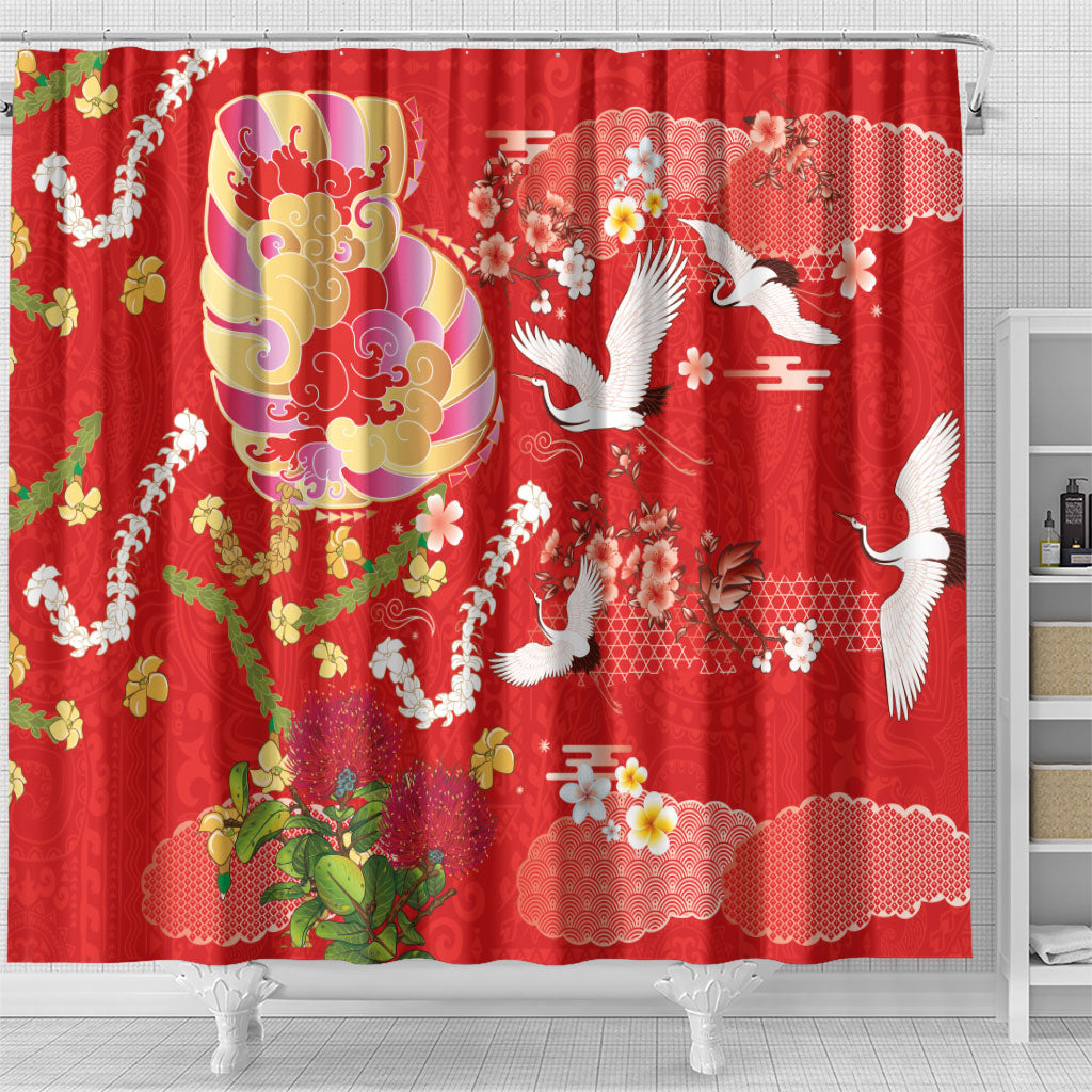 Hawaiian and Japanese Culture Together Shower Curtain Kakau Tribal Pattern and Irezumi Art Red Color