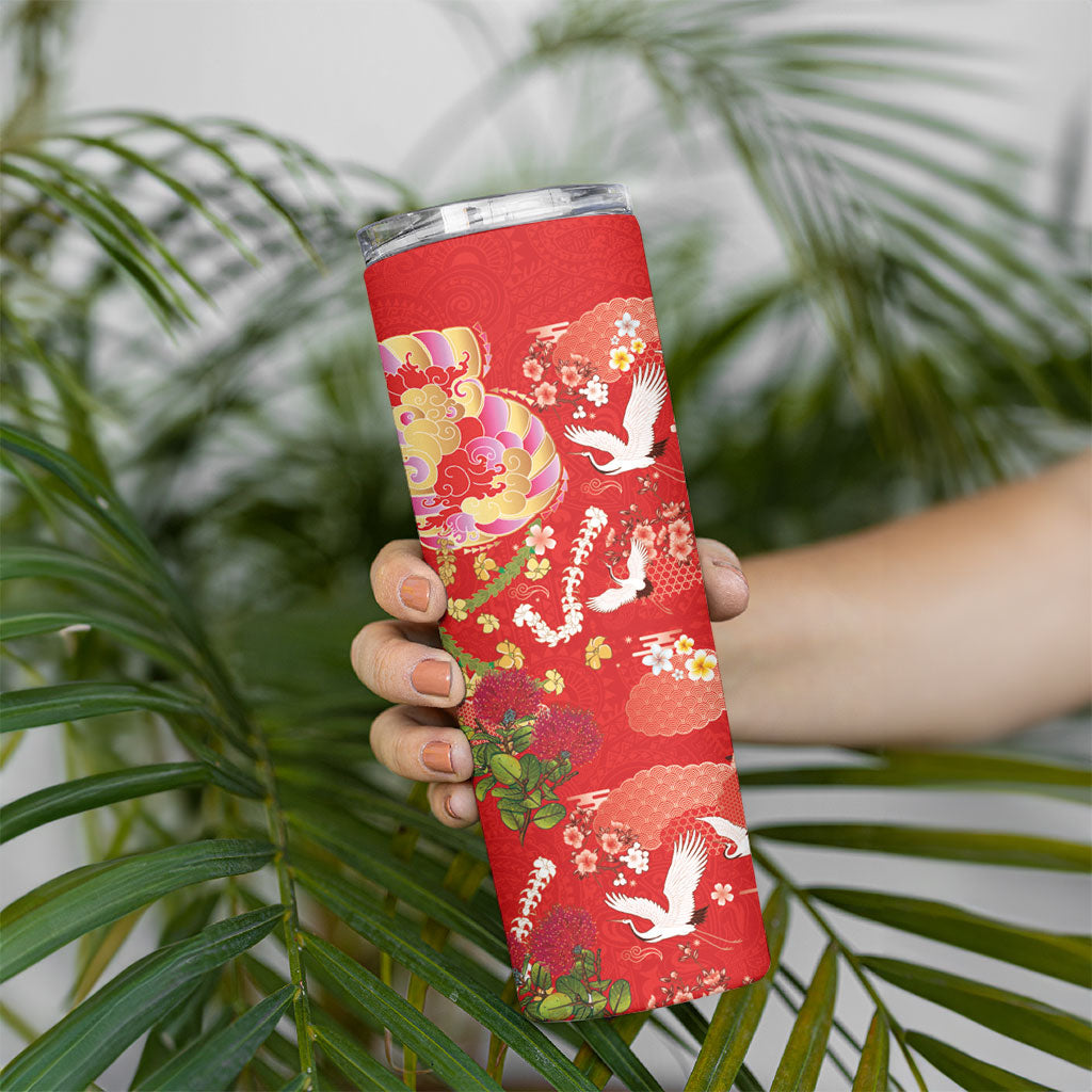 Hawaiian and Japanese Culture Together Skinny Tumbler Kakau Tribal Pattern and Irezumi Art Red Color