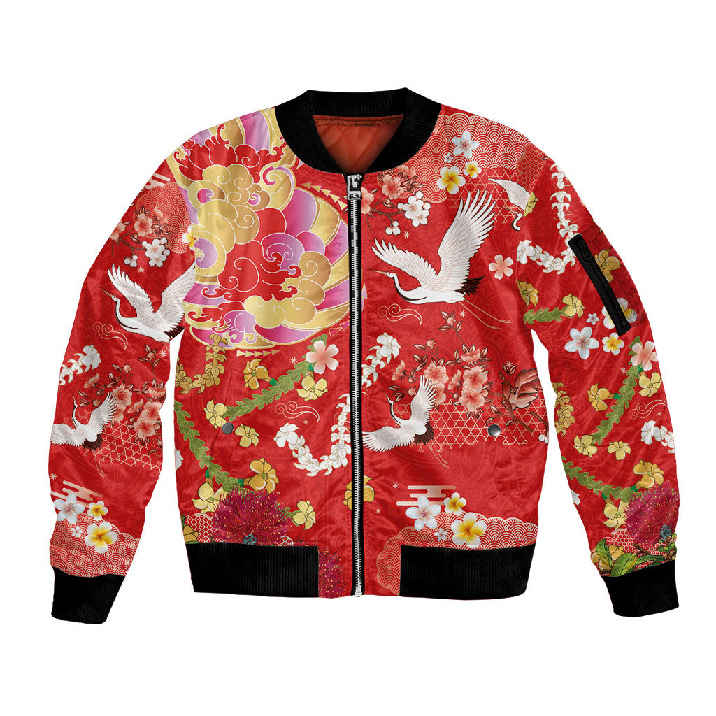 Hawaiian and Japanese Culture Together Sleeve Zip Bomber Jacket Kakau Tribal Pattern and Irezumi Art Red Color