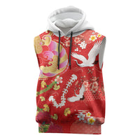 Hawaiian and Japanese Culture Together Sleeveless Hoodie Kakau Tribal Pattern and Irezumi Art Red Color