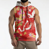 Hawaiian and Japanese Culture Together Sleeveless Hoodie Kakau Tribal Pattern and Irezumi Art Red Color