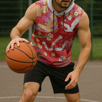 Hawaiian and Japanese Culture Together Sleeveless Hoodie Kakau Tribal Pattern and Irezumi Art Red Color