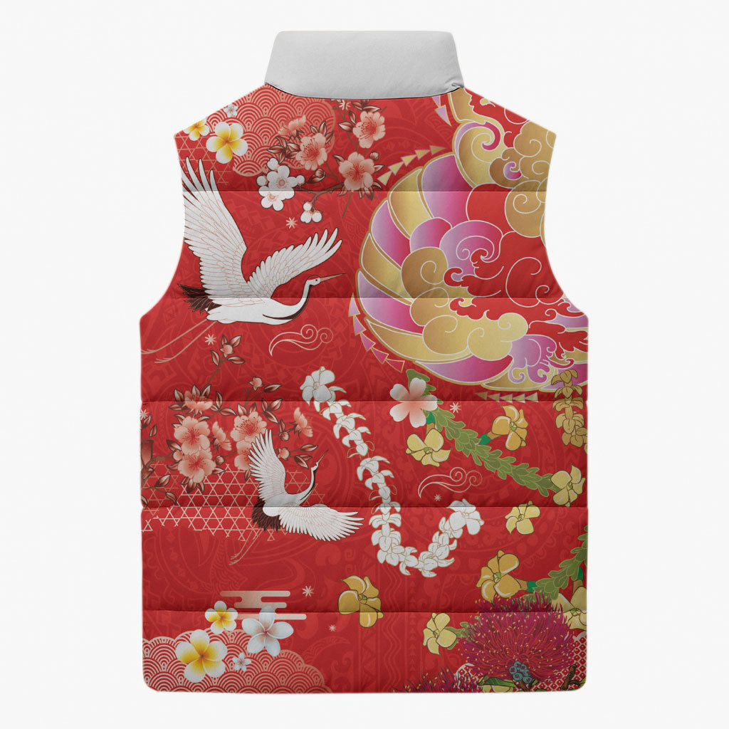 Hawaiian and Japanese Culture Together Sleeveless Puffer Jacket Kakau Tribal Pattern and Irezumi Art Red Color