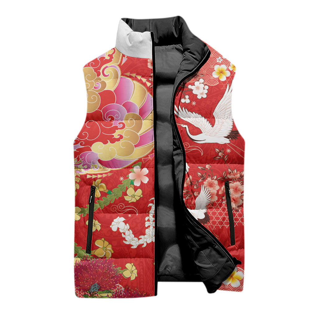 Hawaiian and Japanese Culture Together Sleeveless Puffer Jacket Kakau Tribal Pattern and Irezumi Art Red Color