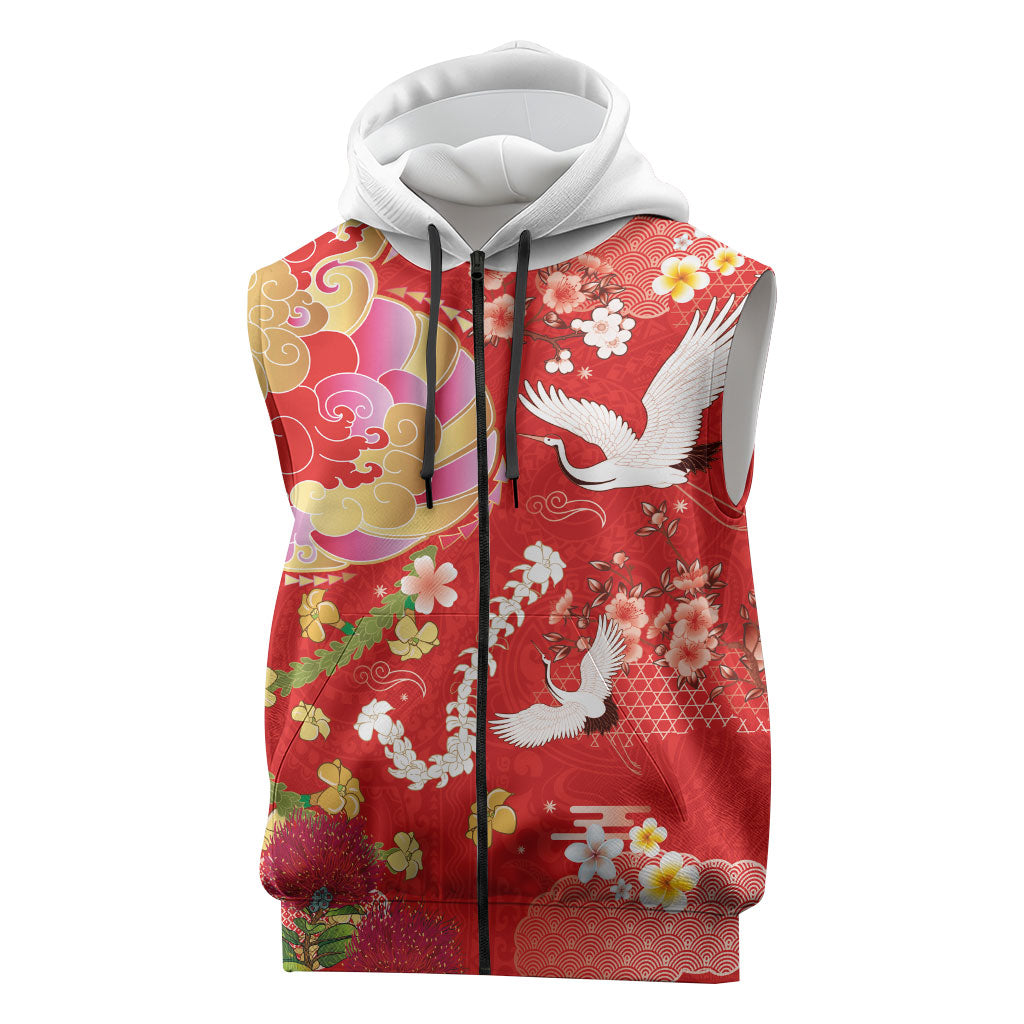 Hawaiian and Japanese Culture Together Sleeveless Zip Hoodie Kakau Tribal Pattern and Irezumi Art Red Color