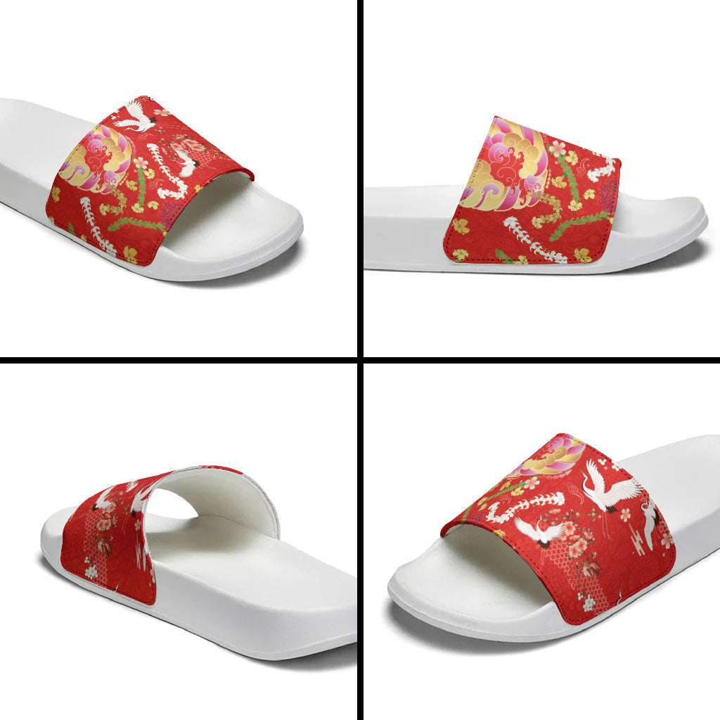 Hawaiian and Japanese Culture Together Slide Sandals Kakau Tribal Pattern and Irezumi Art Red Color