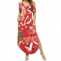 Hawaiian and Japanese Culture Together Summer Maxi Dress Kakau Tribal Pattern and Irezumi Art Red Color