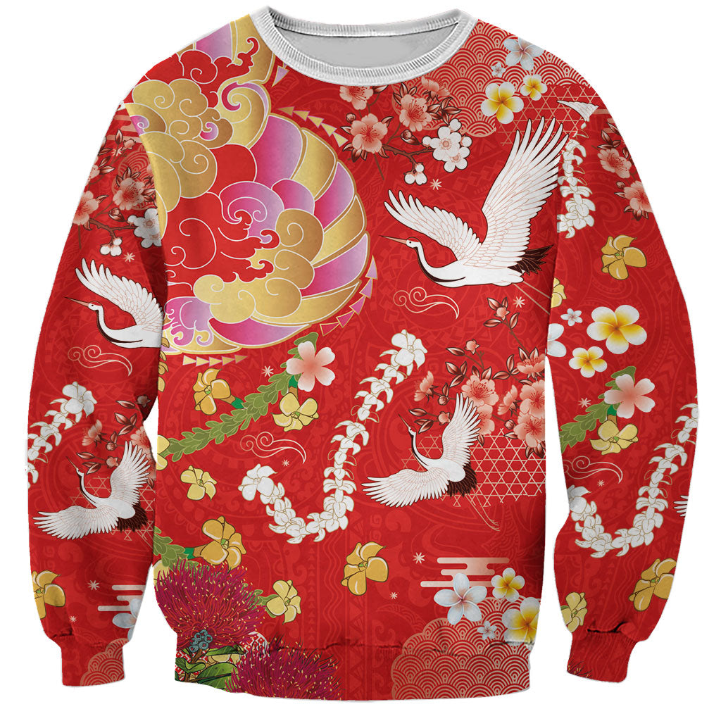 Hawaiian and Japanese Culture Together Sweatshirt Kakau Tribal Pattern and Irezumi Art Red Color LT03 Unisex Red - Polynesian Pride