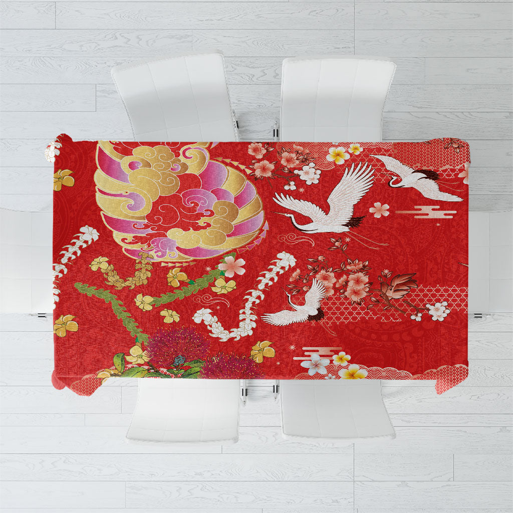 Hawaiian and Japanese Culture Together Tablecloth Kakau Tribal Pattern and Irezumi Art Red Color