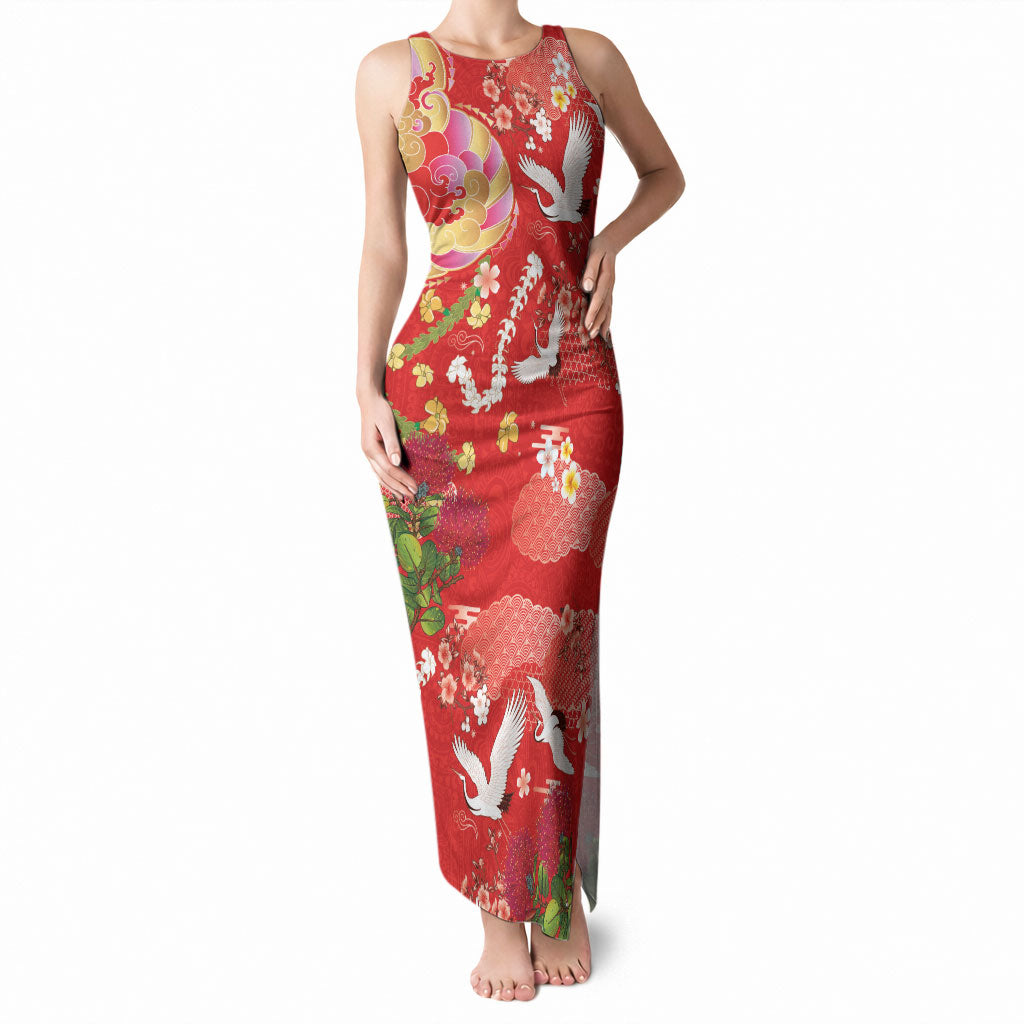 Hawaiian and Japanese Culture Together Tank Maxi Dress Kakau Tribal Pattern and Irezumi Art Red Color