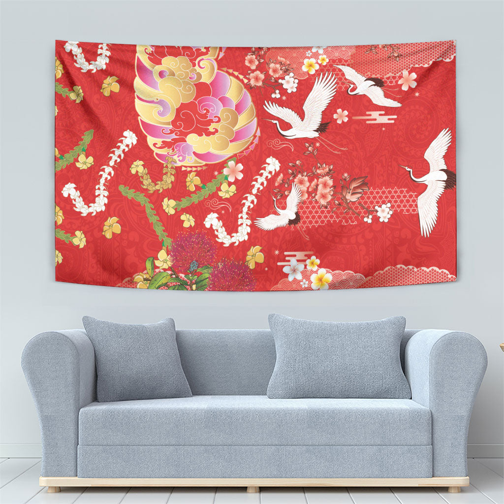 Hawaiian and Japanese Culture Together Tapestry Kakau Tribal Pattern and Irezumi Art Red Color