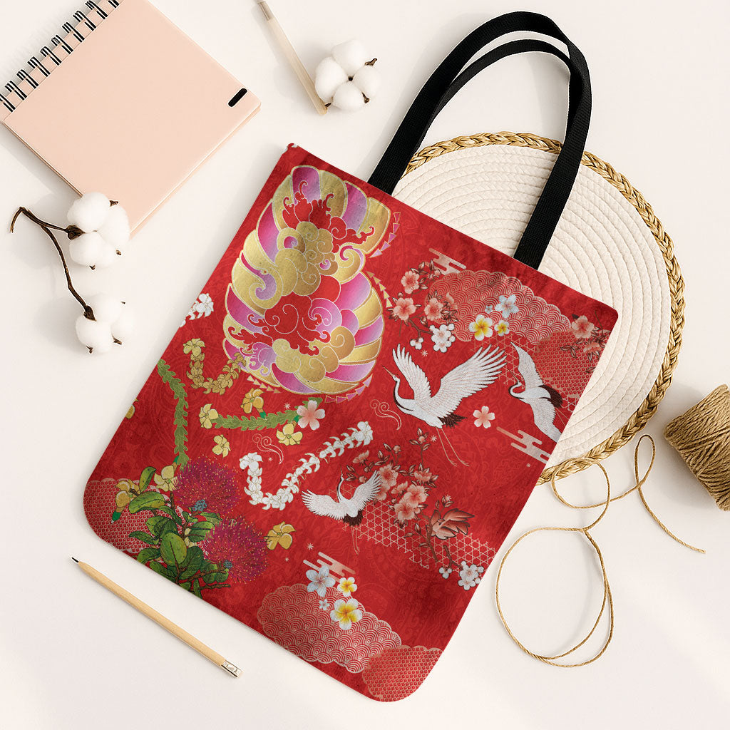 Hawaiian and Japanese Culture Together Tote Bag Kakau Tribal Pattern and Irezumi Art Red Color