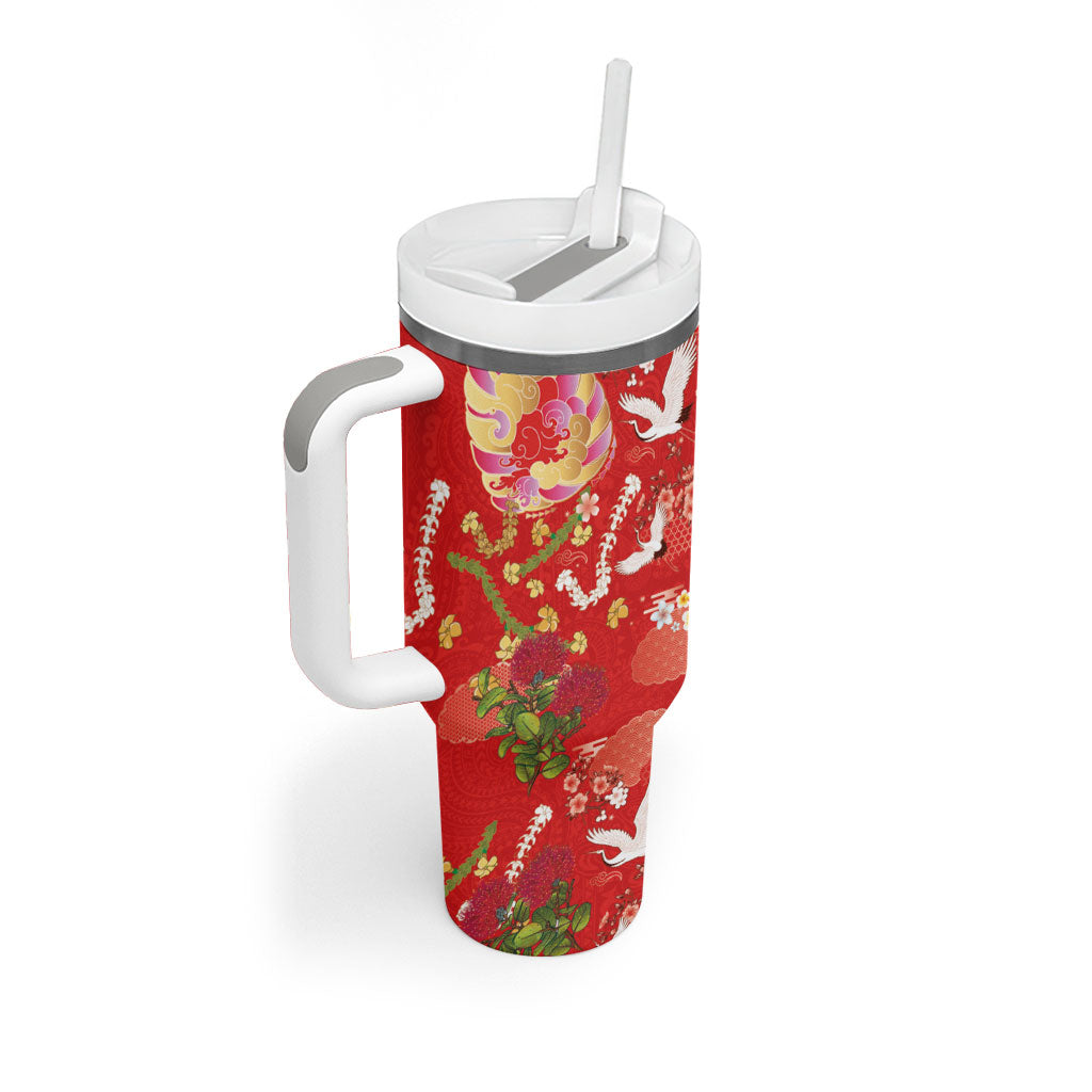 Hawaiian and Japanese Culture Together Tumbler With Handle Kakau Tribal Pattern and Irezumi Art Red Color