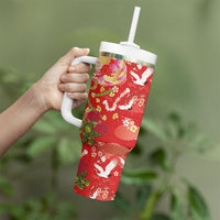 Hawaiian and Japanese Culture Together Tumbler With Handle Kakau Tribal Pattern and Irezumi Art Red Color