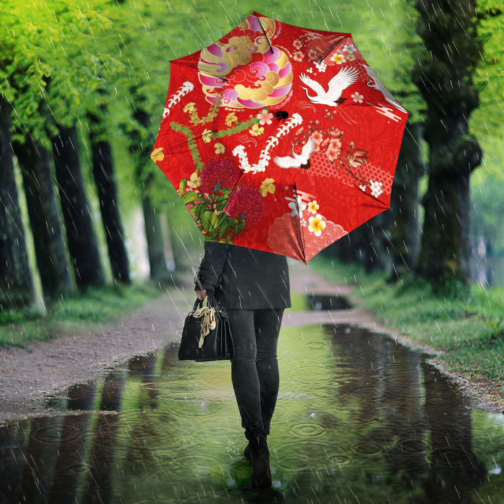 Hawaiian and Japanese Culture Together Umbrella Kakau Tribal Pattern and Irezumi Art Red Color