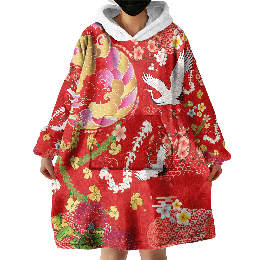 Hawaiian and Japanese Culture Together Wearable Blanket Hoodie Kakau Tribal Pattern and Irezumi Art Red Color