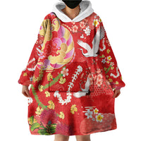 Hawaiian and Japanese Culture Together Wearable Blanket Hoodie Kakau Tribal Pattern and Irezumi Art Red Color