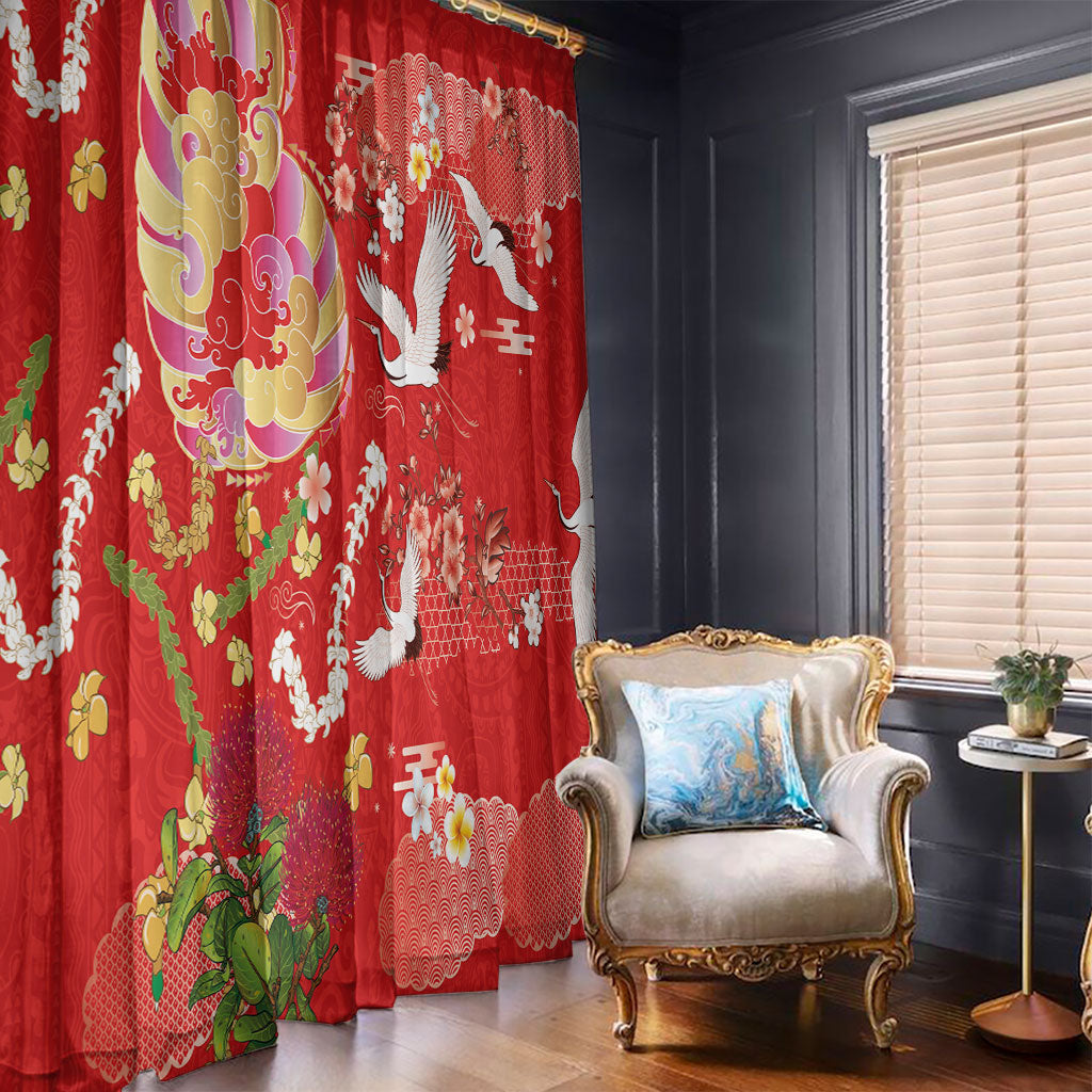 Hawaiian and Japanese Culture Together Window Curtain Kakau Tribal Pattern and Irezumi Art Red Color