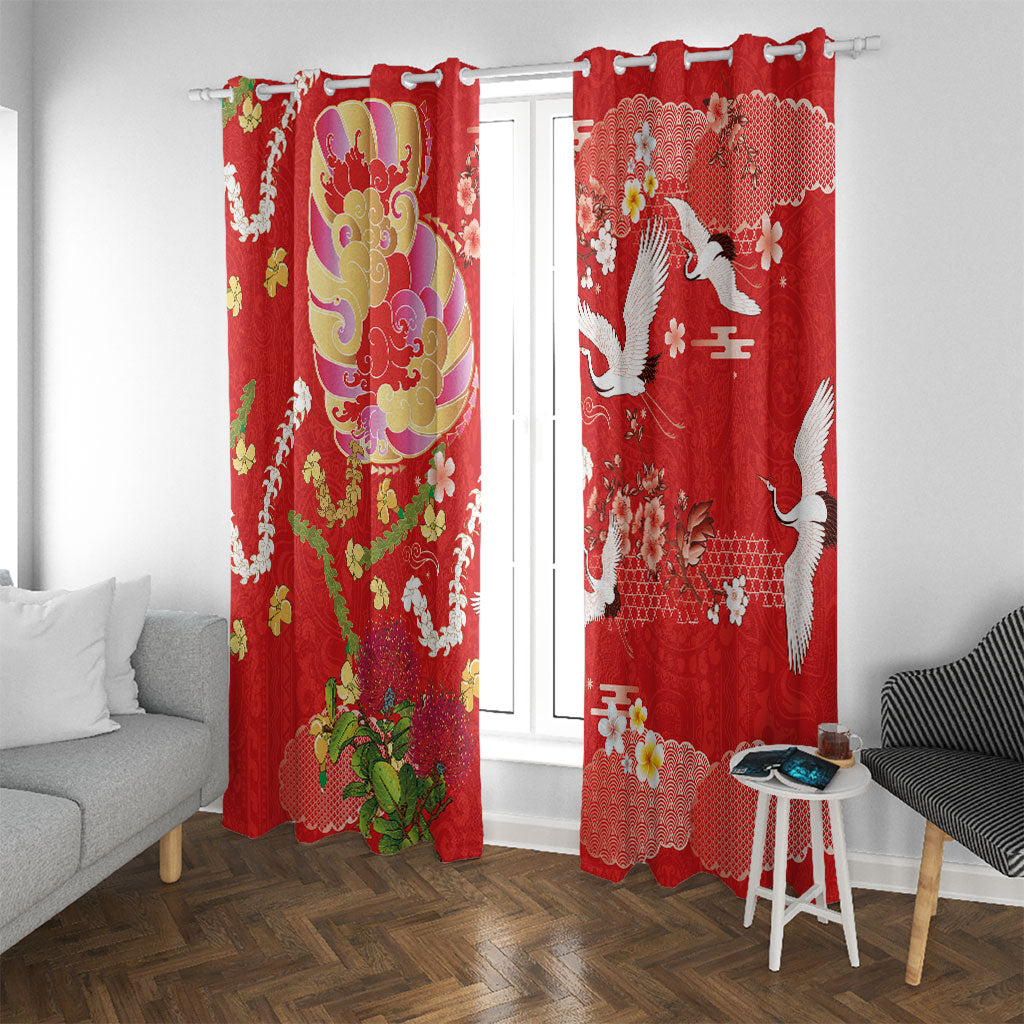 Hawaiian and Japanese Culture Together Window Curtain Kakau Tribal Pattern and Irezumi Art Red Color