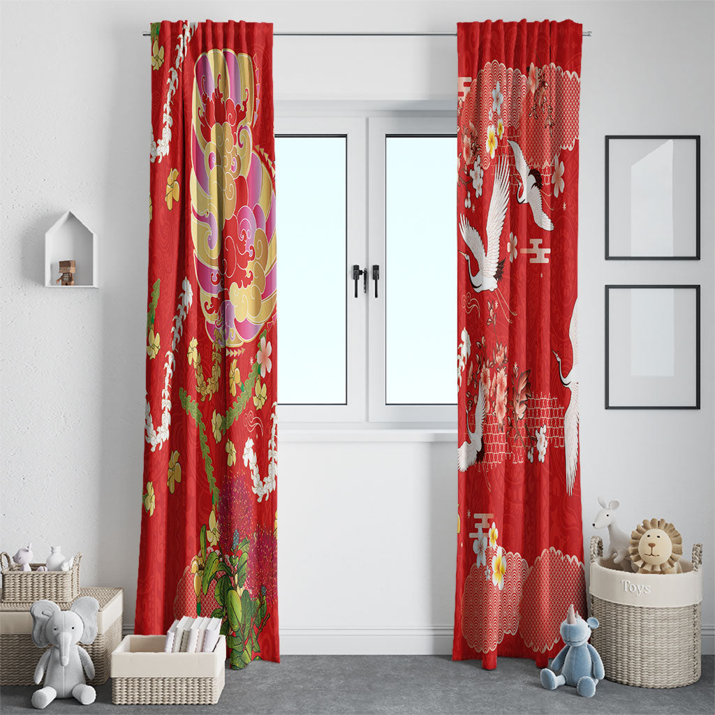 Hawaiian and Japanese Culture Together Window Curtain Kakau Tribal Pattern and Irezumi Art Red Color