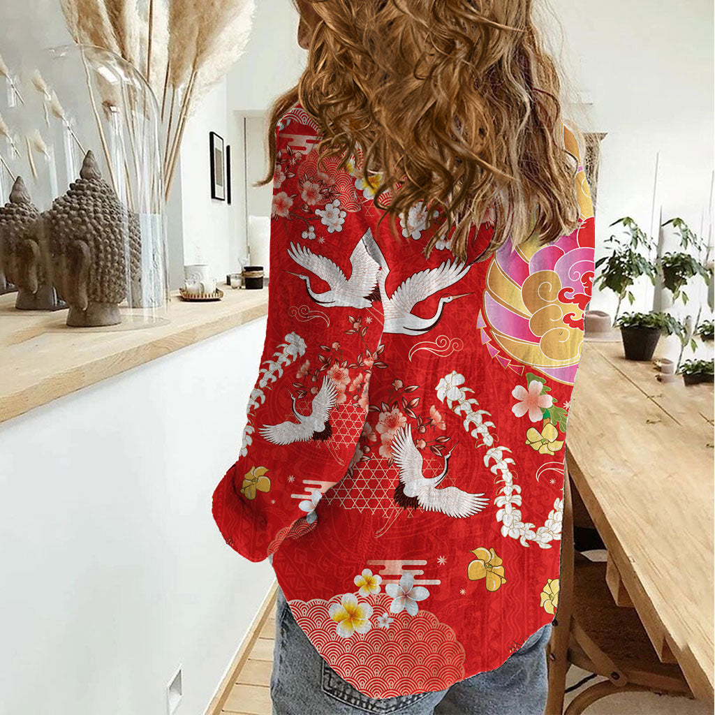 Hawaiian and Japanese Culture Together Women Casual Shirt Kakau Tribal Pattern and Irezumi Art Red Color