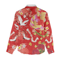 Hawaiian and Japanese Culture Together Women Casual Shirt Kakau Tribal Pattern and Irezumi Art Red Color
