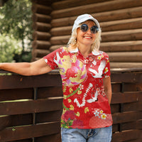 Hawaiian and Japanese Culture Together Women Polo Shirt Kakau Tribal Pattern and Irezumi Art Red Color