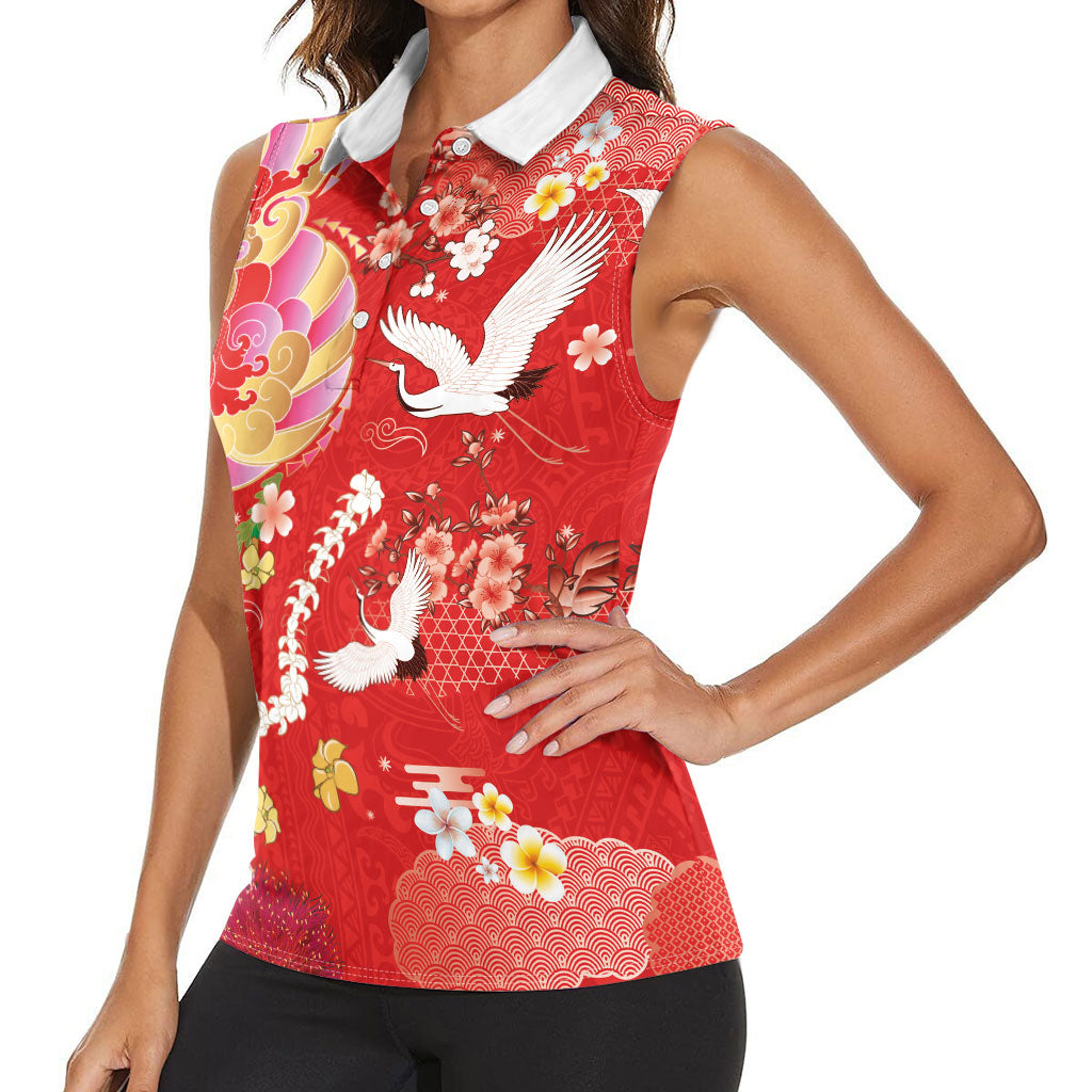 Hawaiian and Japanese Culture Together Women Sleeveless Polo Shirt Kakau Tribal Pattern and Irezumi Art Red Color