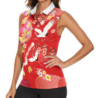 Hawaiian and Japanese Culture Together Women Sleeveless Polo Shirt Kakau Tribal Pattern and Irezumi Art Red Color