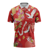 Hawaiian and Japanese Culture Together Zipper Polo Shirt Kakau Tribal Pattern and Irezumi Art Red Color