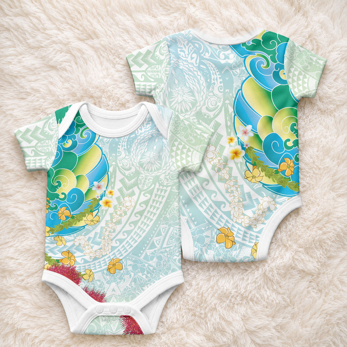 Japanese and Hawaiian Culture Fusion Baby Onesie Irezumi with Turtles and Lei Kakau Pattern Fresh Vibe