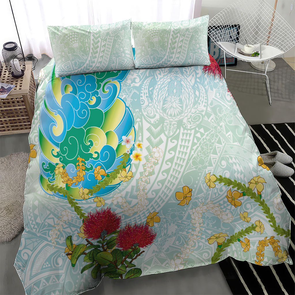 Japanese and Hawaiian Culture Fusion Bedding Set Irezumi with Turtles and Lei Kakau Pattern Fresh Vibe