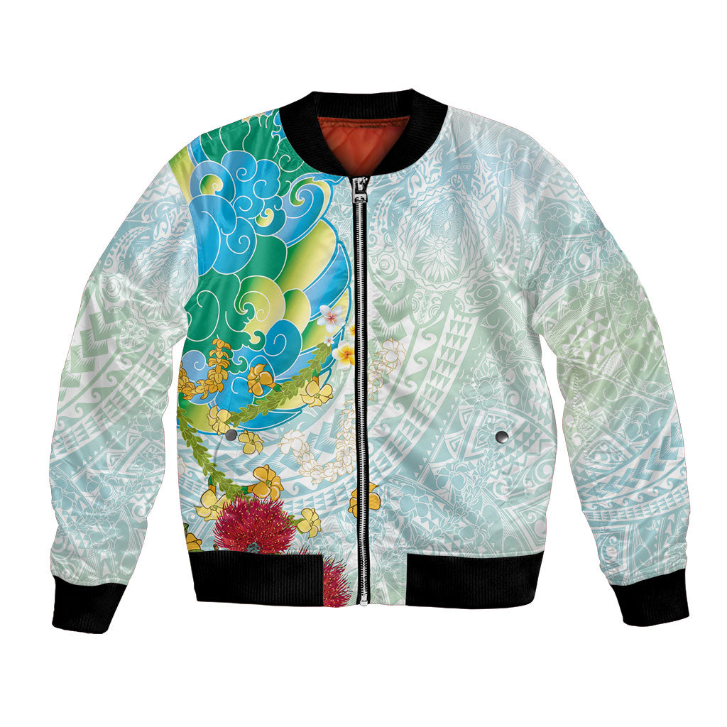 Japanese and Hawaiian Culture Fusion Bomber Jacket Irezumi with Turtles and Lei Kakau Pattern Fresh Vibe