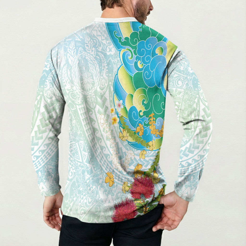 Japanese and Hawaiian Culture Fusion Button Sweatshirt Irezumi with Turtles and Lei Kakau Pattern Fresh Vibe
