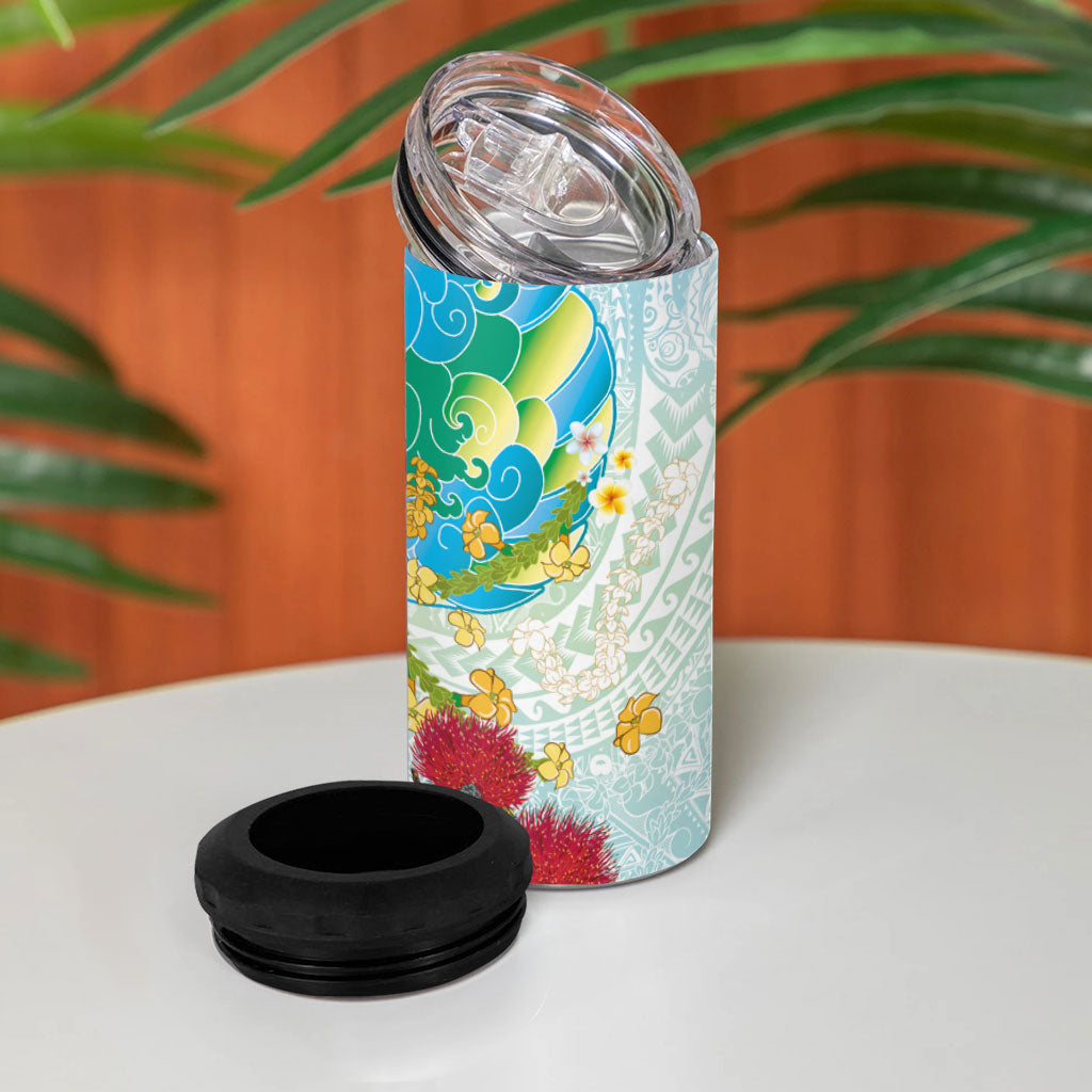Japanese and Hawaiian Culture Fusion 4 in 1 Can Cooler Tumbler Irezumi with Turtles and Lei Kakau Pattern Fresh Vibe