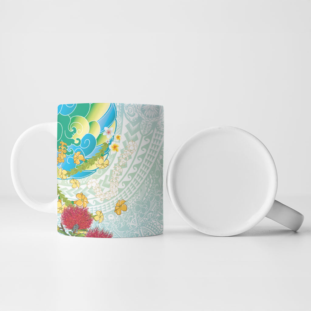 Japanese and Hawaiian Culture Fusion Ceramic Mug Irezumi with Turtles and Lei Kakau Pattern Fresh Vibe