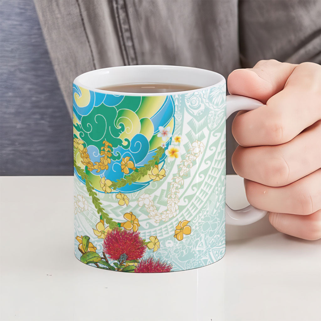 Japanese and Hawaiian Culture Fusion Ceramic Mug Irezumi with Turtles and Lei Kakau Pattern Fresh Vibe