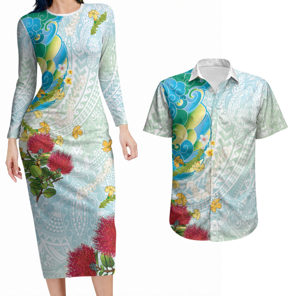 Japanese and Hawaiian Culture Fusion Couples Matching Long Sleeve Bodycon Dress and Hawaiian Shirt Irezumi with Turtles and Lei Kakau Pattern Fresh Vibe