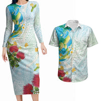 Japanese and Hawaiian Culture Fusion Couples Matching Long Sleeve Bodycon Dress and Hawaiian Shirt Irezumi with Turtles and Lei Kakau Pattern Fresh Vibe
