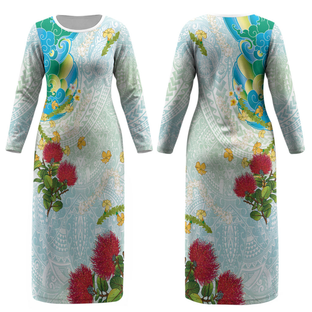 Japanese and Hawaiian Culture Fusion Couples Matching Long Sleeve Bodycon Dress and Hawaiian Shirt Irezumi with Turtles and Lei Kakau Pattern Fresh Vibe