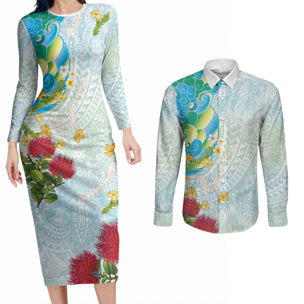 Japanese and Hawaiian Culture Fusion Couples Matching Long Sleeve Bodycon Dress and Long Sleeve Button Shirt Irezumi with Turtles and Lei Kakau Pattern Fresh Vibe