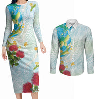 Japanese and Hawaiian Culture Fusion Couples Matching Long Sleeve Bodycon Dress and Long Sleeve Button Shirt Irezumi with Turtles and Lei Kakau Pattern Fresh Vibe