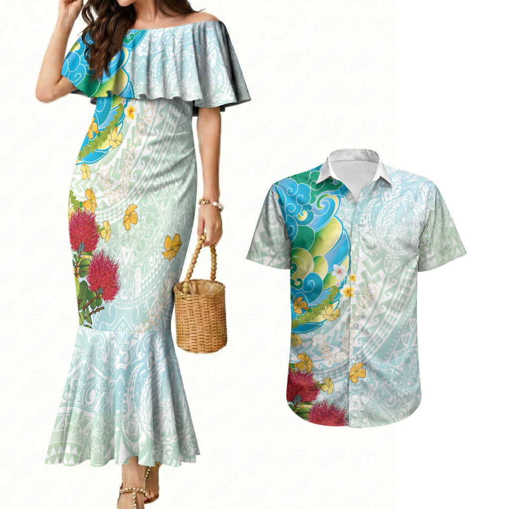 Japanese and Hawaiian Culture Fusion Couples Matching Mermaid Dress and Hawaiian Shirt Irezumi with Turtles and Lei Kakau Pattern Fresh Vibe