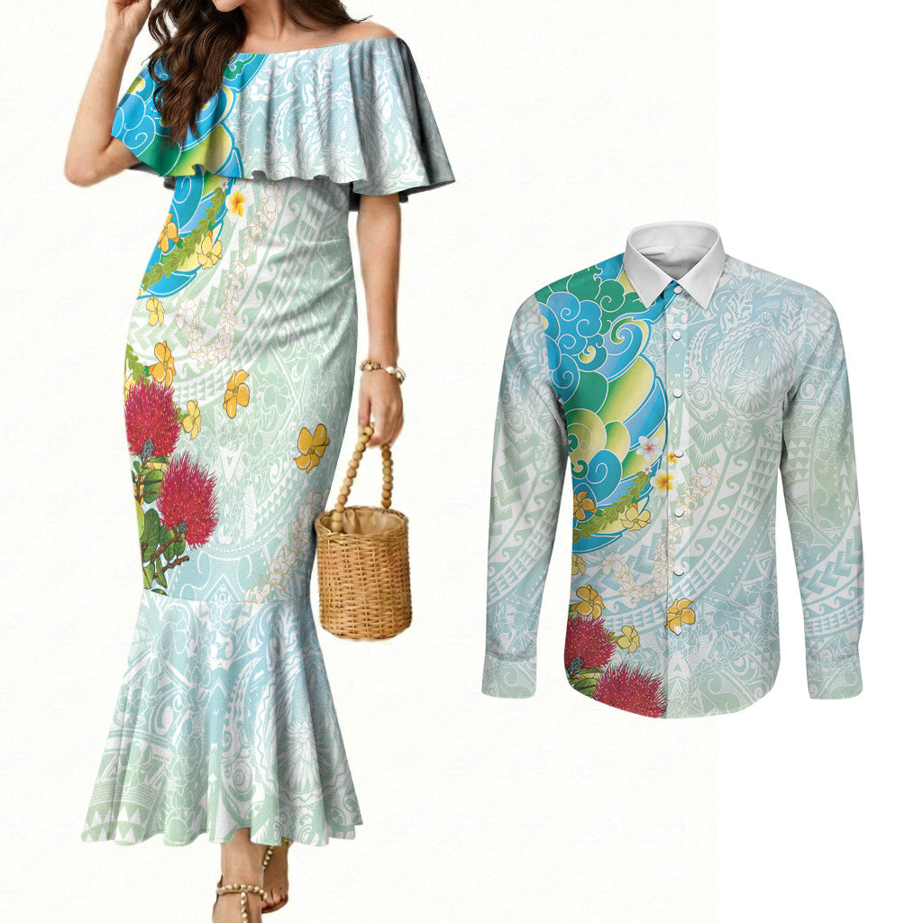 Japanese and Hawaiian Culture Fusion Couples Matching Mermaid Dress and Long Sleeve Button Shirt Irezumi with Turtles and Lei Kakau Pattern Fresh Vibe