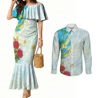 Japanese and Hawaiian Culture Fusion Couples Matching Mermaid Dress and Long Sleeve Button Shirt Irezumi with Turtles and Lei Kakau Pattern Fresh Vibe