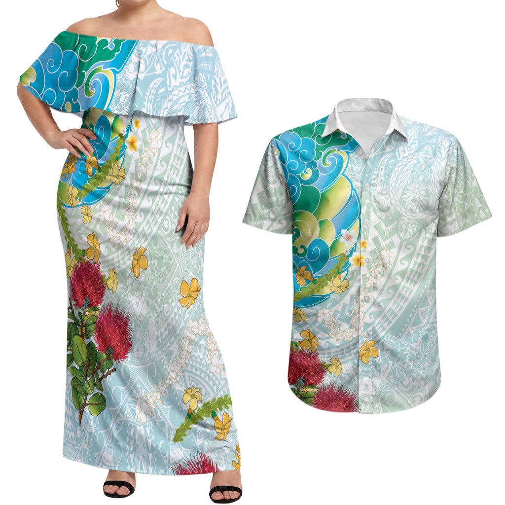 Japanese and Hawaiian Culture Fusion Couples Matching Off Shoulder Maxi Dress and Hawaiian Shirt Irezumi with Turtles and Lei Kakau Pattern Fresh Vibe